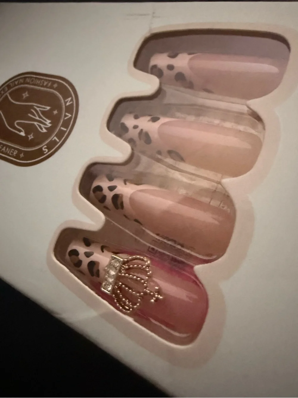 Leopard French Tip Press-On Nails in Nude with Gold Crown Accent